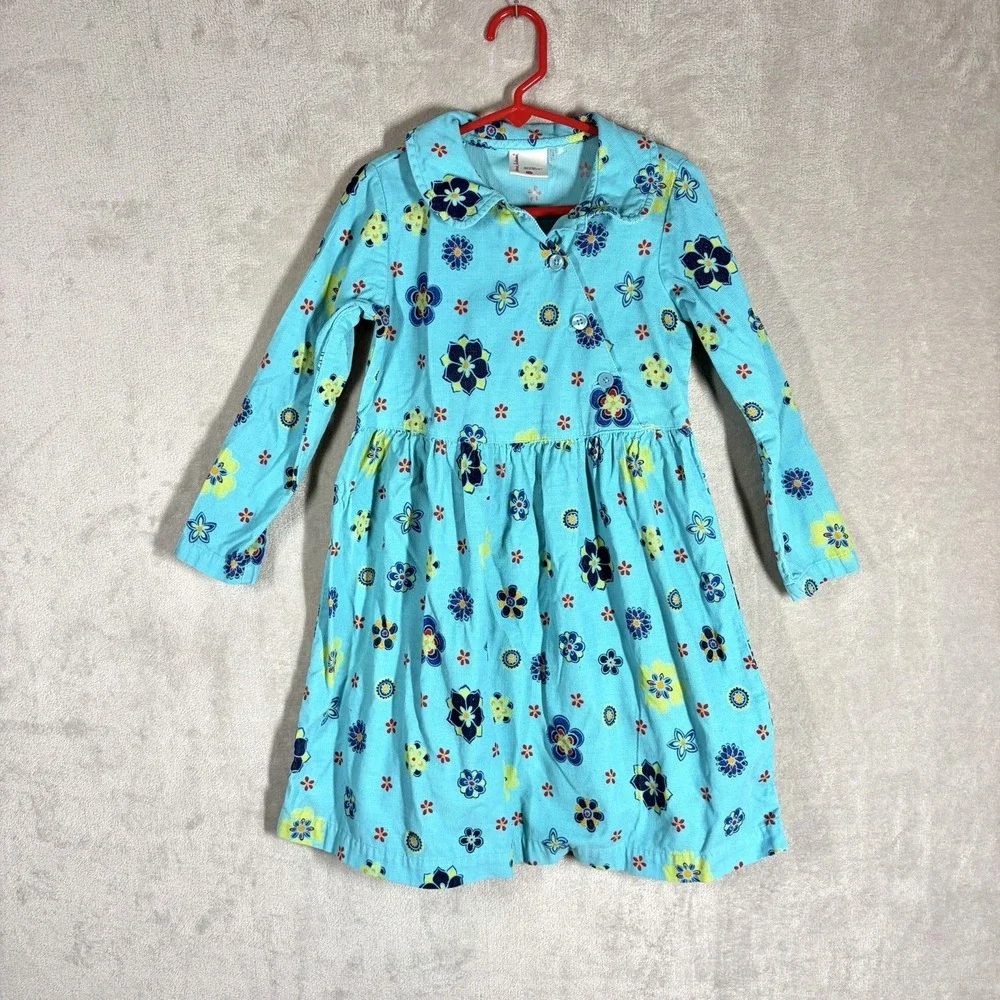 Hanna Andersson Corduroy Dress Size 5 110 Bright Blue Floral Whimsy Twee Kidcore